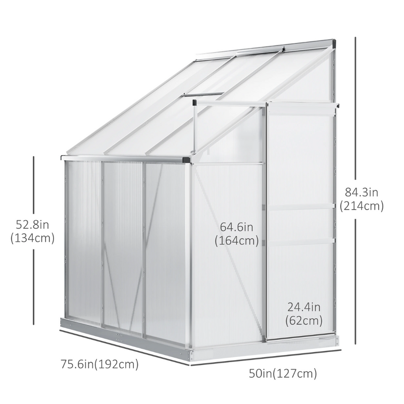 6' x 4' Lean To Walk-In Aluminum Frame Greenhouse with Polycarbonate Panels - Silver