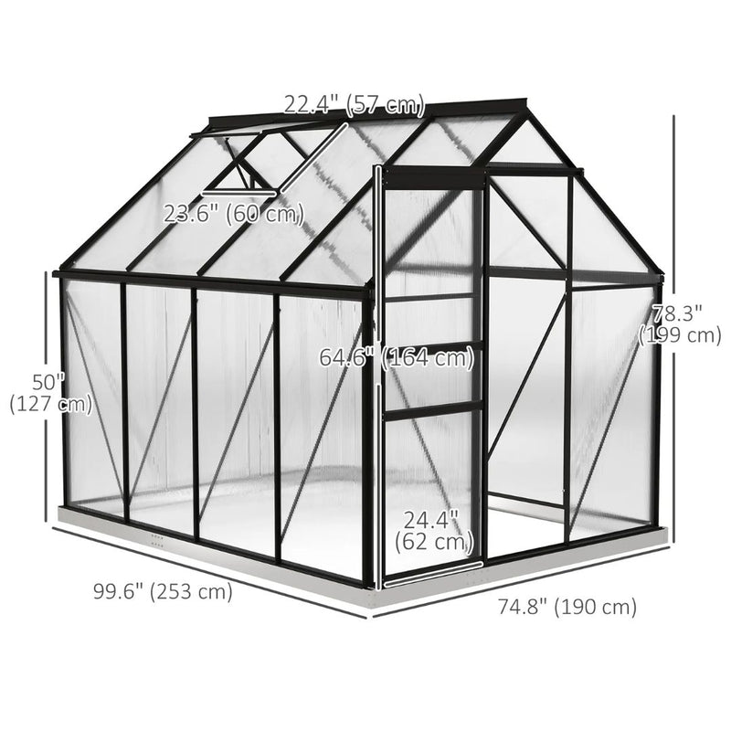 6' x 8' Walk-In Greenhouse with Aluminum Frame and Polycarbonate Panels, Sliding Door - Grey