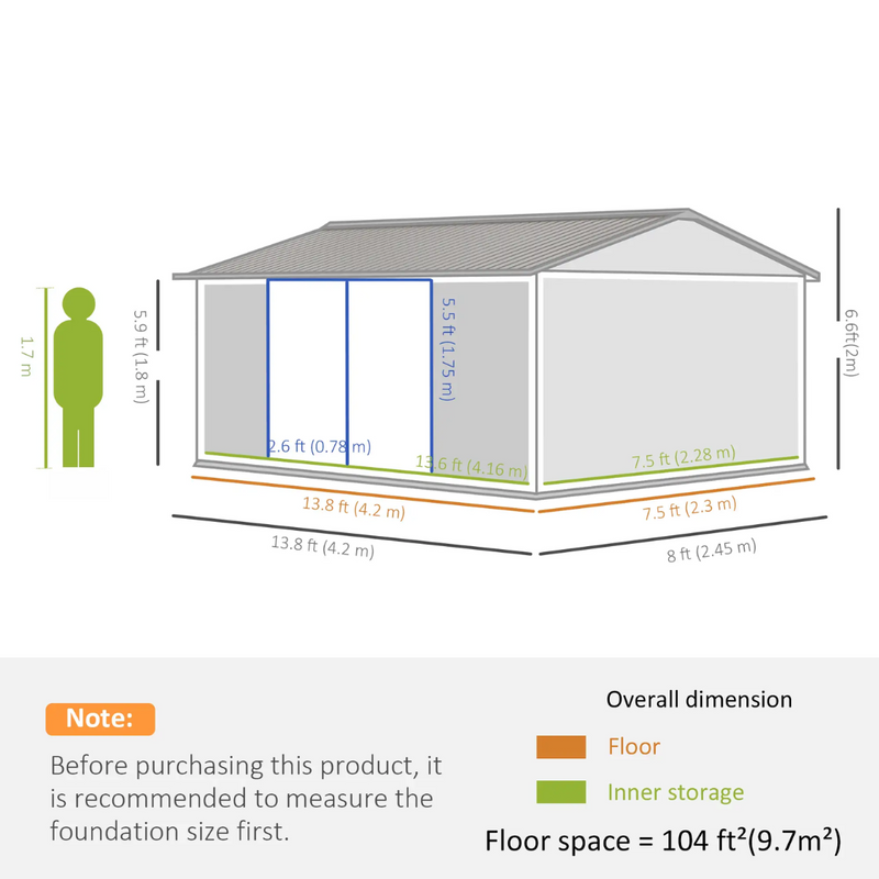 14' x 8' Outdoor Galvanized Steel Storage Shed with Double Swing Door and Lock - Grey