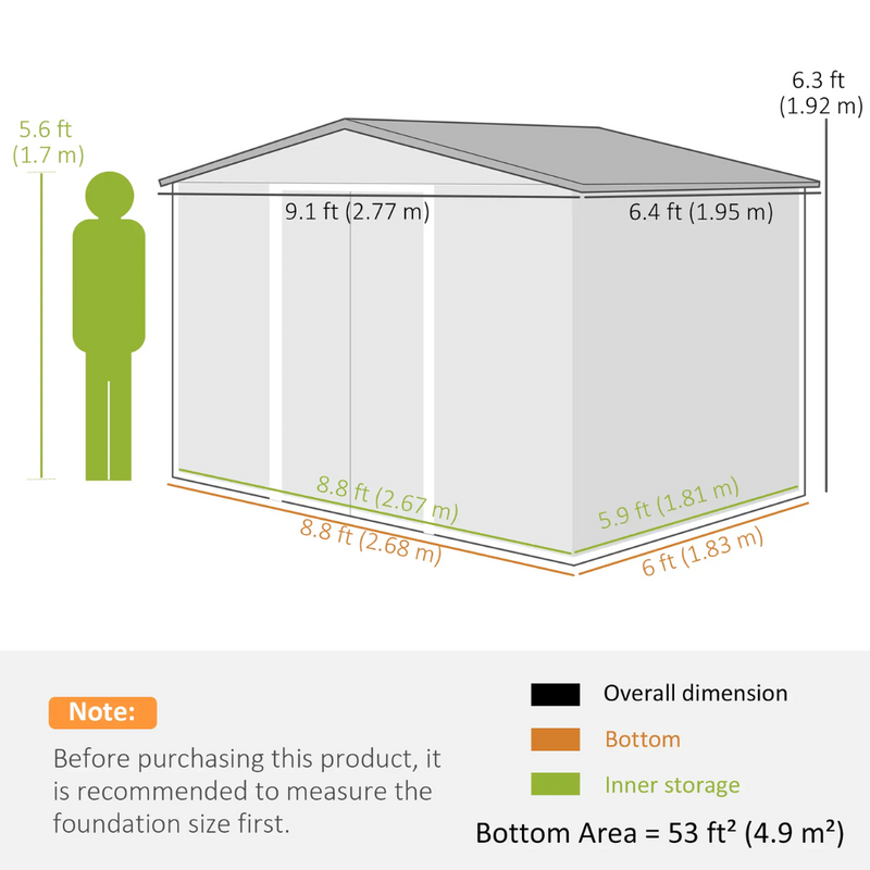 9' x 6.4' Outdoor Garden Storage Shed with Dual Sliding Doors - Green