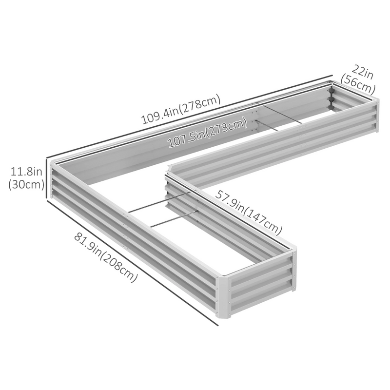 9.1' x 6.8' L-Shaped Raised Garden Bed Planter Box Galvanized Steel 12in Deep - Silver