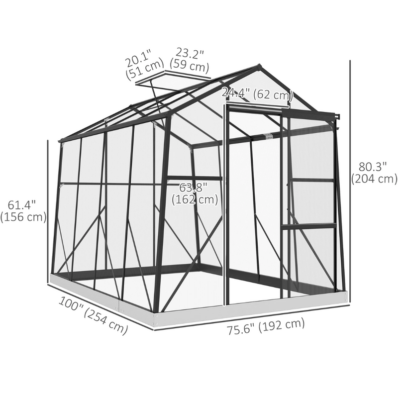 6' x 8' Walk-In Aluminum Frame Greenhouse, Polycarbonate Panels, Swing Door - Black