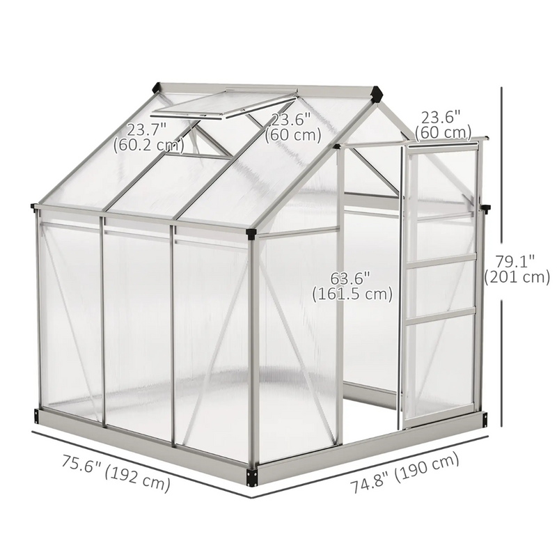 6.2' x 6.3' Walk-In Greenhouse with Aluminum Frame, Polycarbonate Panels, Sliding Door - Silver