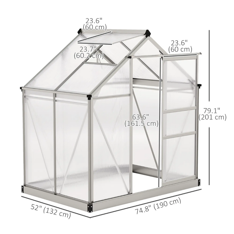 6.2' x 4.3' Walk-In Greenhouse with Aluminum Frame, Polycarbonate Panels and Sliding Door - Silver