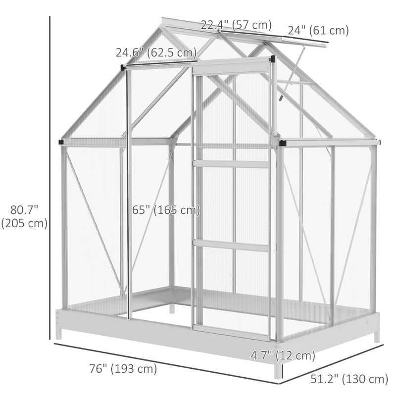 6' x 4' Walk-In Aluminum Frame Greenhouse, Polycarbonate Panels, Sliding Door - Silver