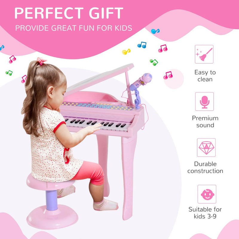 Mini Grand Piano Electronic Keyboard for Kids w/ 37 Keys and Microphone - Pink