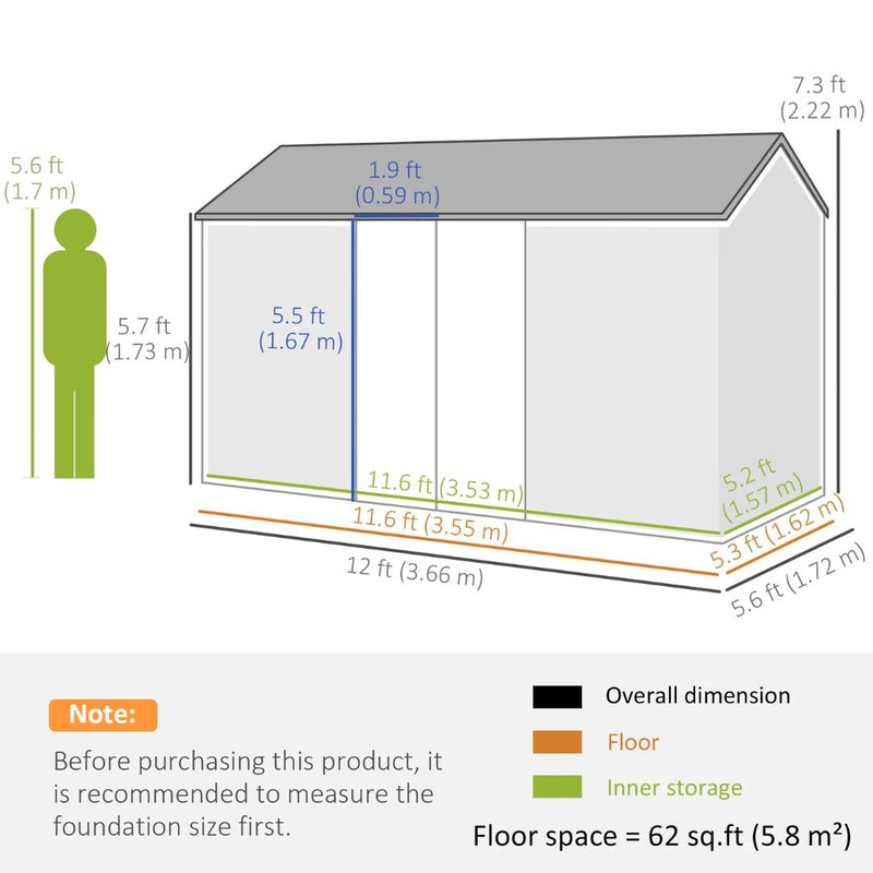 12' x 5.5' Outdoor Garden Storage Shed with 2 Swing Doors and Windows - Dark Grey