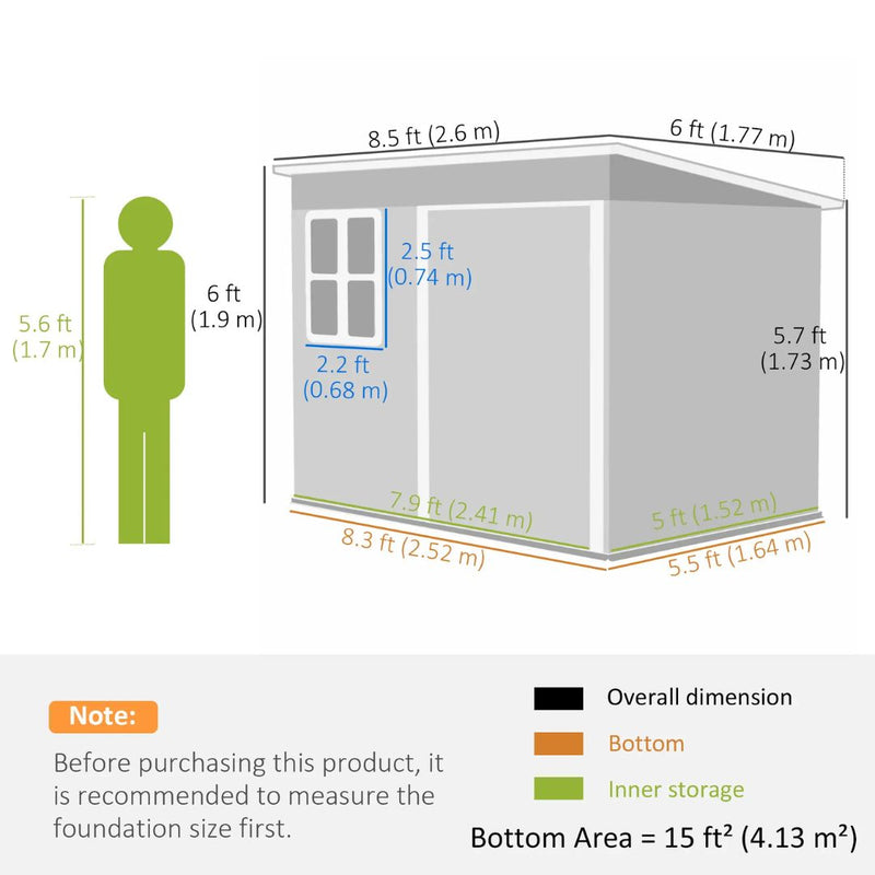 8.5' x 6' Outdoor Garden Storage Shed with 2 Swing Doors and Window - Grey