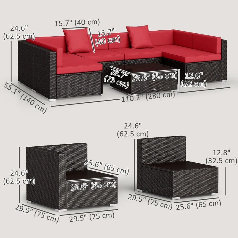 Patio Furniture, Peace River 7 Pc Rattan Wicker Modular Outdoor Furniture Sectional Sofa Set - Red / Brown - Seasonal Overstock