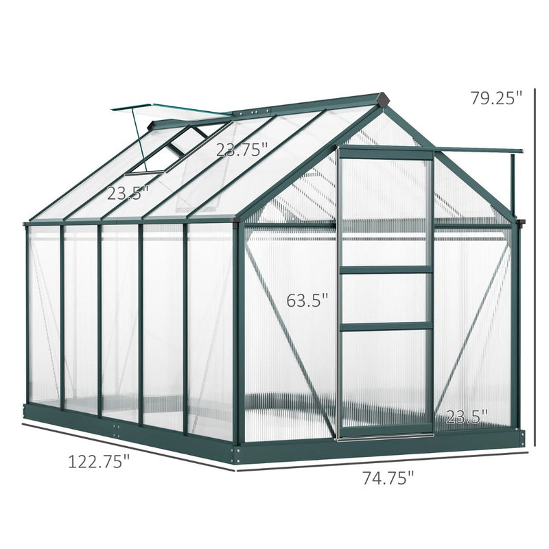 6' x 10' Polycarbonate Walk-in Greenhouse with Aluminum Frame and Sliding Door - Green