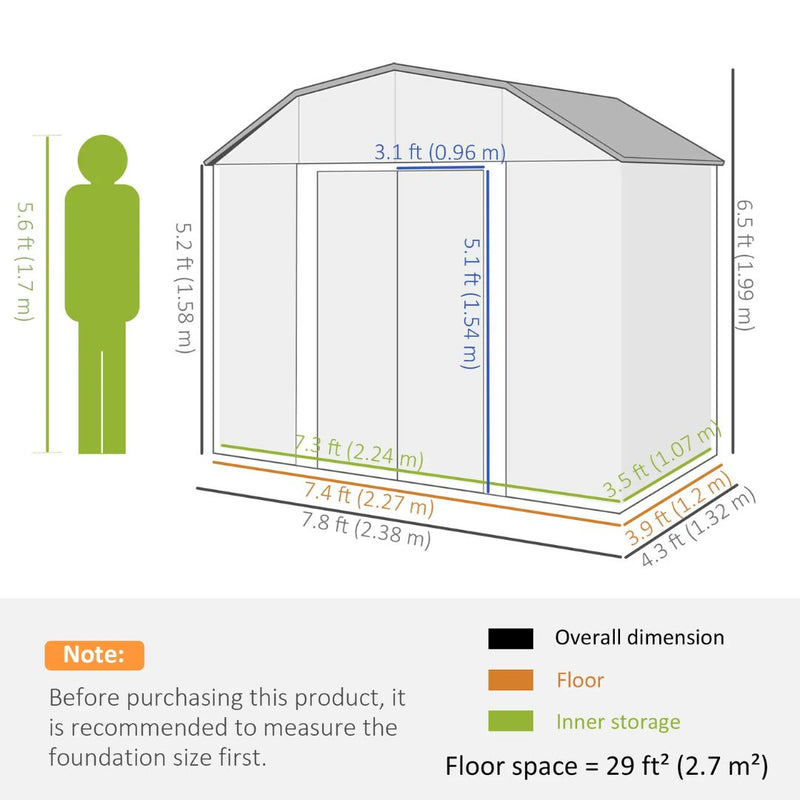 8' x 4' Galvanized Outdoor Garden Storage Shed with Shelving - Grey