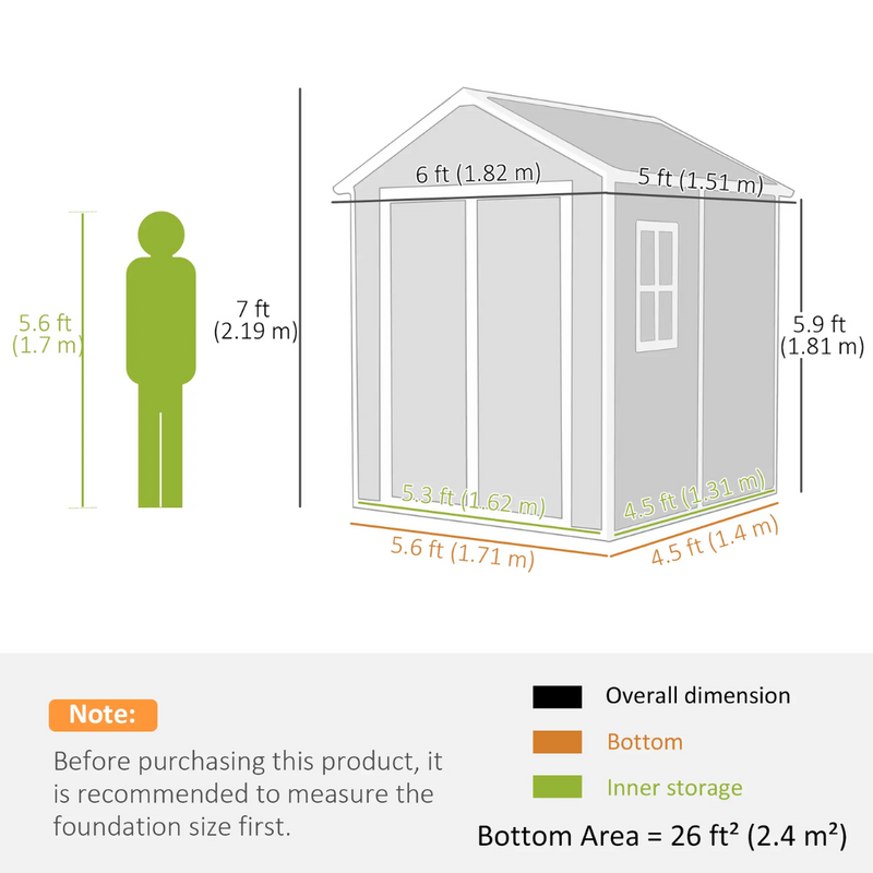 6' x 5' Polypropylene Resin Plastic Outdoor Storage Shed with Two Lockable Doors, Floor - Grey