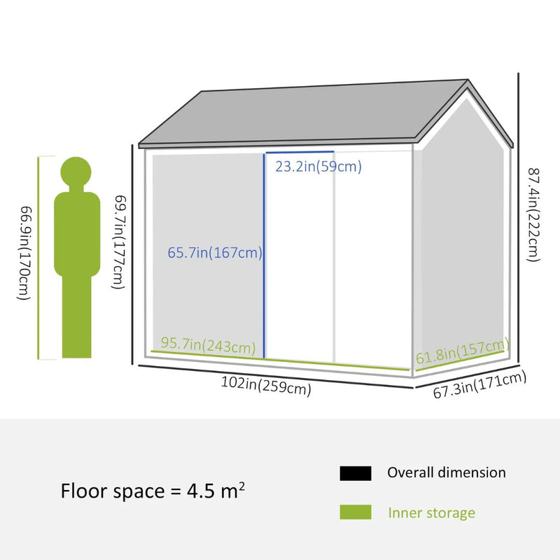 8.5' x 5.5' Outdoor Garden Storage Shed with 2 Swing Doors and Window - Light Grey