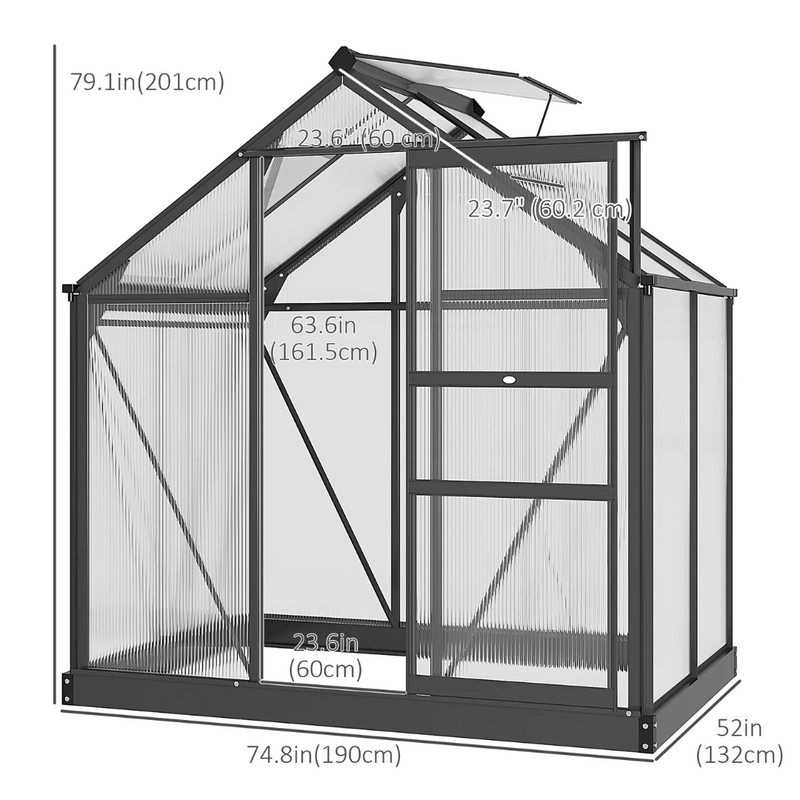 6.2' x 4.3' Walk-In Greenhouse with Aluminum Frame, Polycarbonate Panels and Sliding Door - Grey