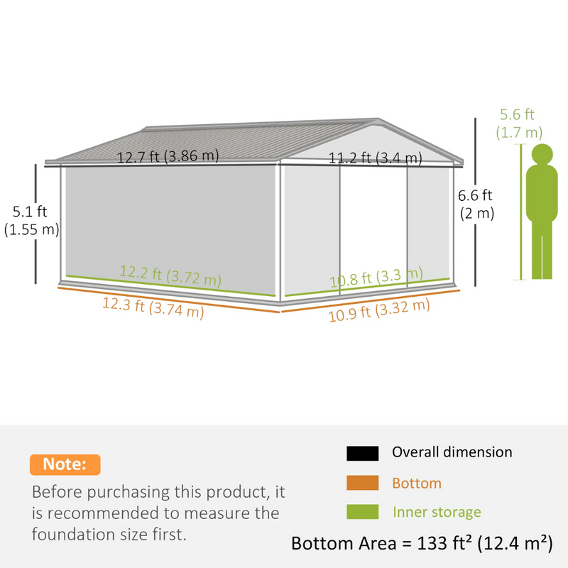 11.2' x 12.5' Large Garden Storage Shed with Dual Sliding Doors - Silver Grey