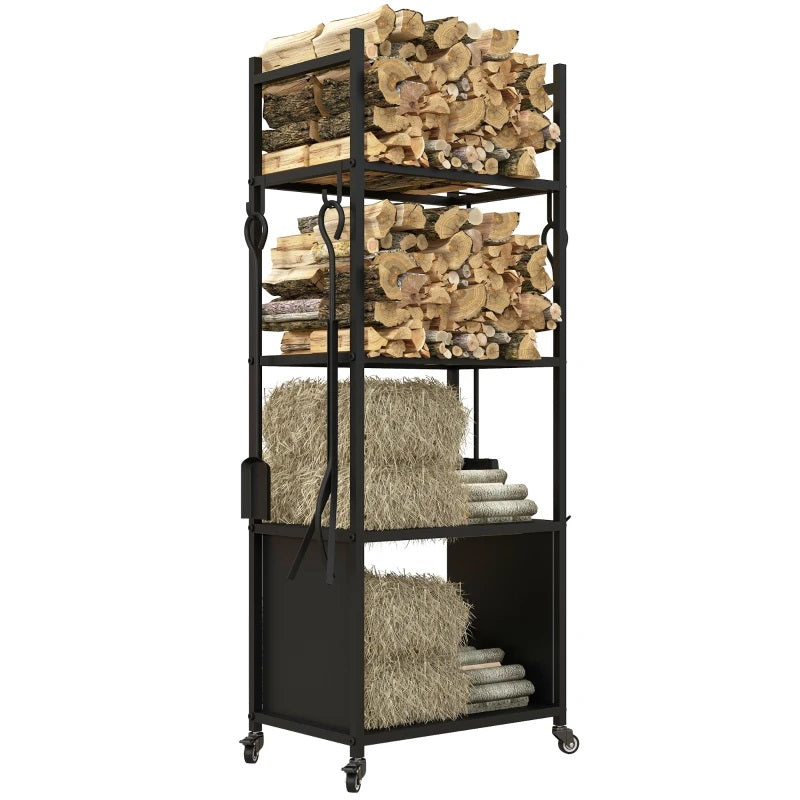 4-Tier Firewood Rack Indoor Outdoor Cart with Wheels & Tool Set