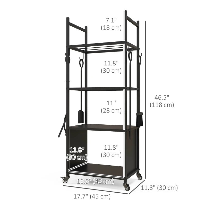 4-Tier Firewood Rack Indoor Outdoor Cart with Wheels & Tool Set