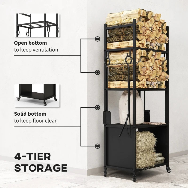 4-Tier Firewood Rack Indoor Outdoor Cart with Wheels & Tool Set