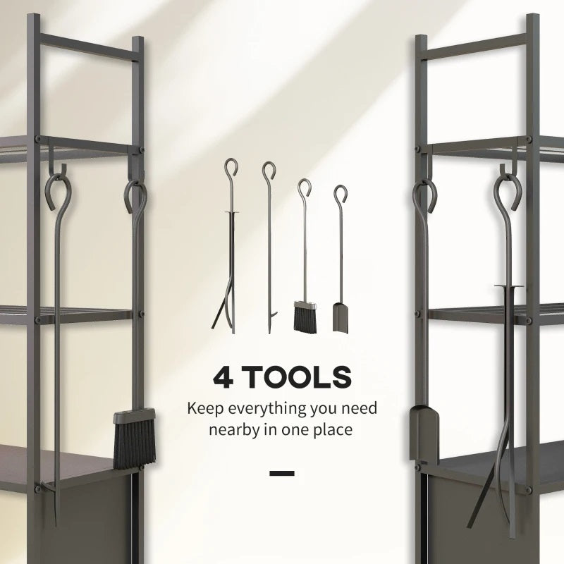 4-Tier Firewood Rack Indoor Outdoor Cart with Wheels & Tool Set