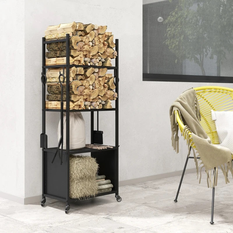 4-Tier Firewood Rack Indoor Outdoor Cart with Wheels & Tool Set