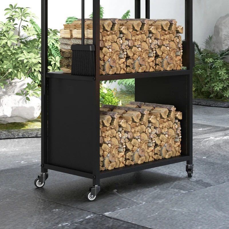 4-Tier Firewood Rack Indoor Outdoor Cart with Wheels & Tool Set