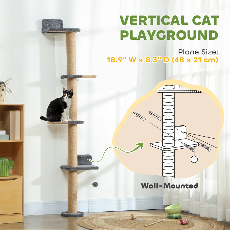 4-Tier Cat Wall Mounted Climber Cat Tree with Scratching Post - Dark Grey