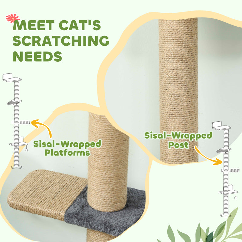 4-Tier Cat Wall Mounted Climber Cat Tree with Scratching Post - Dark Grey