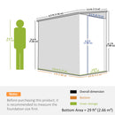 Measurement chart showing dimensions of a storage unit with a person for scale.