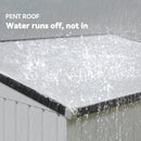 Pent roof with water running off, text 'Water runs off, not in' displayed.