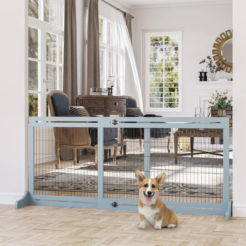 41-72" Wood Frame Free Standing Pet Gate Dog Barrier with Support Feet - Blue Grey