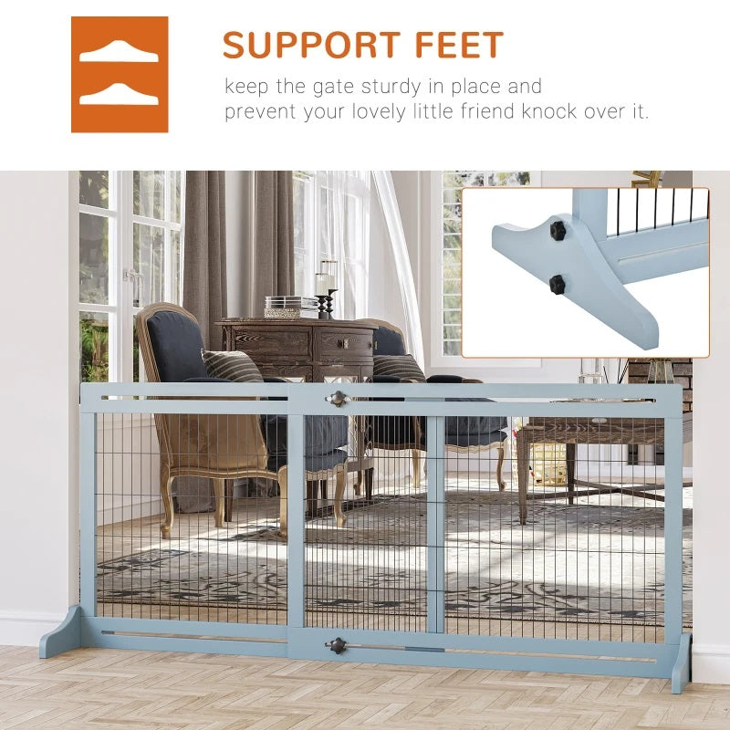 41-72" Wood Frame Free Standing Pet Gate Dog Barrier with Support Feet - Blue Grey