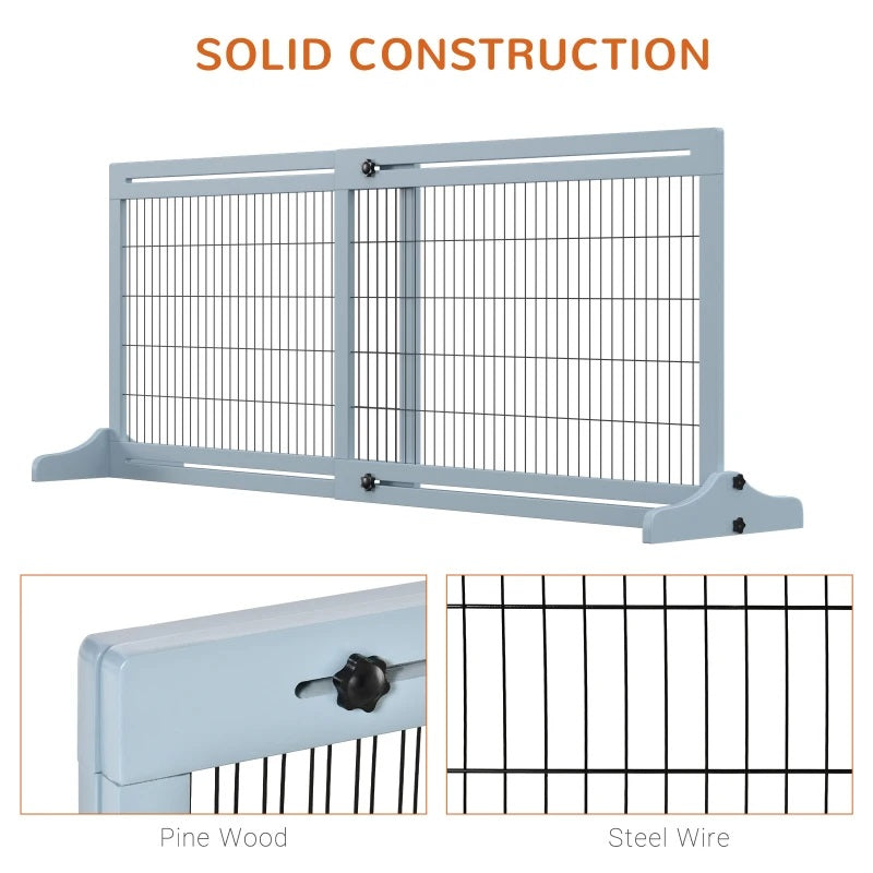 41-72" Wood Frame Free Standing Pet Gate Dog Barrier with Support Feet - Blue Grey