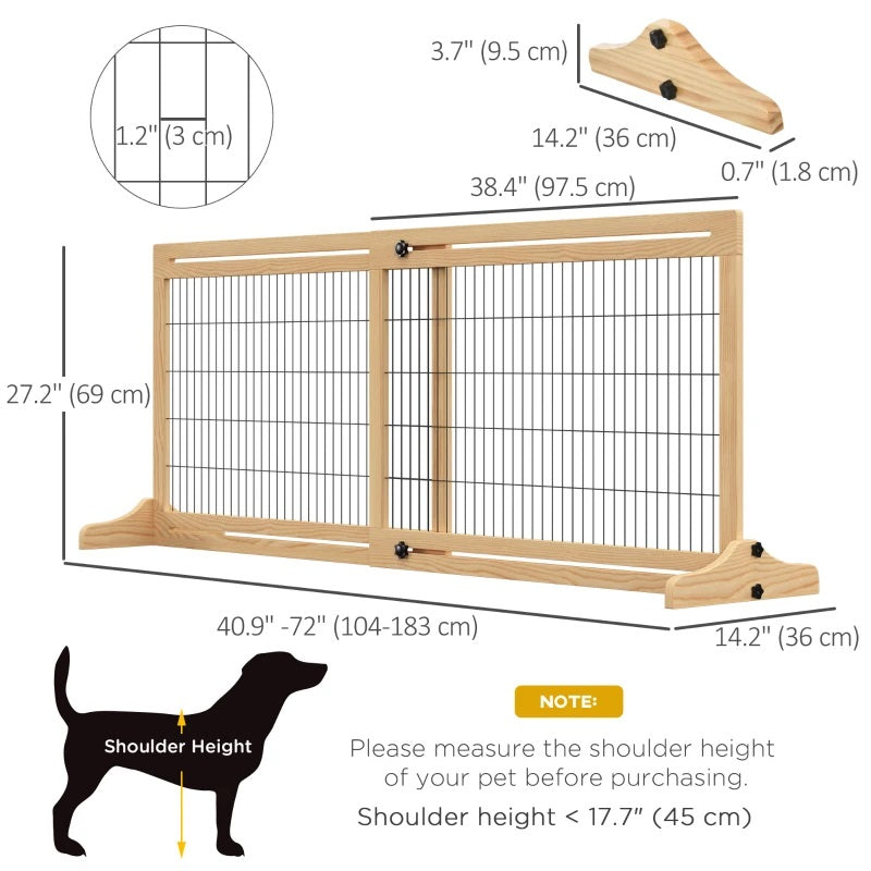 41-72" Wood Frame Free Standing Pet Gate Dog Barrier with Support Feet - Natural Pine