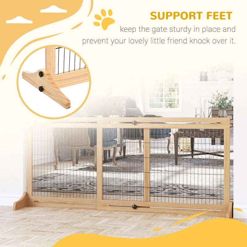 41-72" Wood Frame Free Standing Pet Gate Dog Barrier with Support Feet - Natural Pine