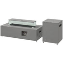 Gray outdoor fire pit table with glass cover and trash can on a white background