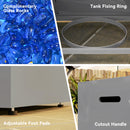 Collage of product features including blue glass rocks, tank fixing ring, adjustable foot pads, and cutout handle.