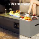 Two-in-one fire table with fire pit and coffee table features, showing flames, food and refreshments.