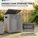 Hidden propane tank storage table with LPG tank dimensions displayed outdoors.