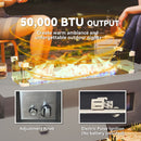 Outdoor fire pit with 50,000 BTU output, adjustment knob, and electric pulse ignition feature.