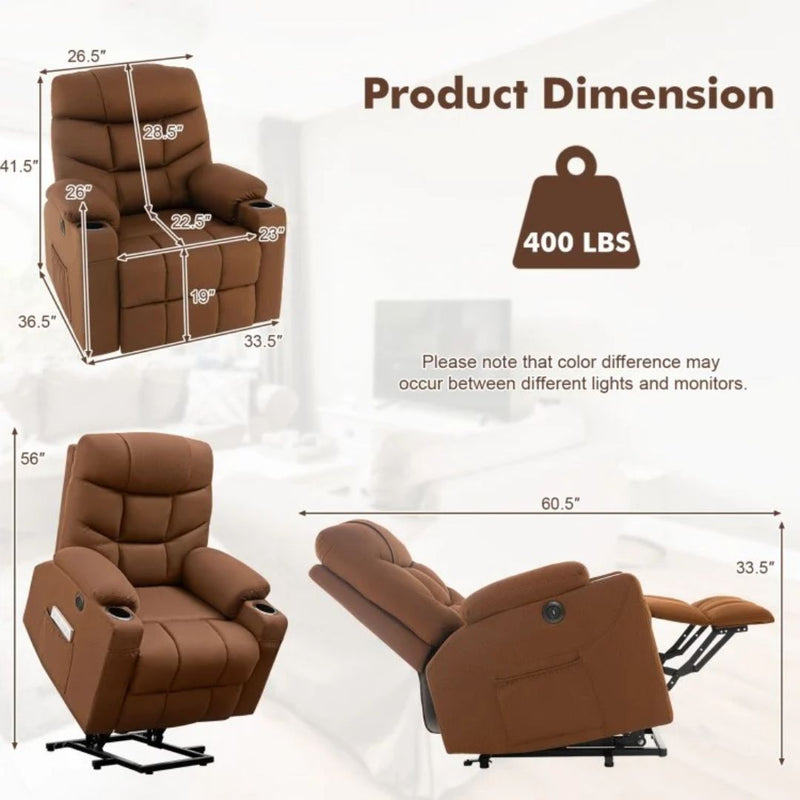 Wyatt Electric Lift Assist Recliner Chair with Vibration Massage and Lumbar Heat - Brown