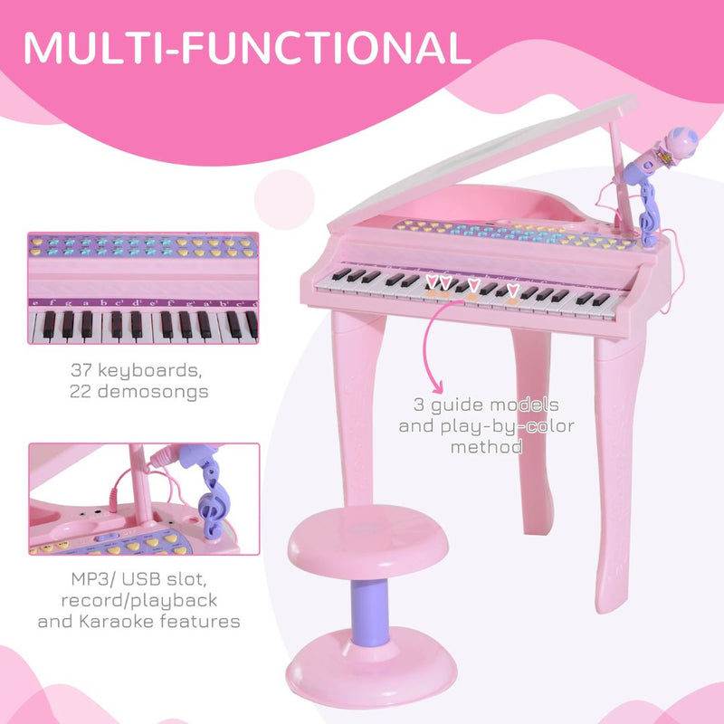 Mini Grand Piano Electronic Keyboard for Kids w/ 37 Keys and Microphone - Pink