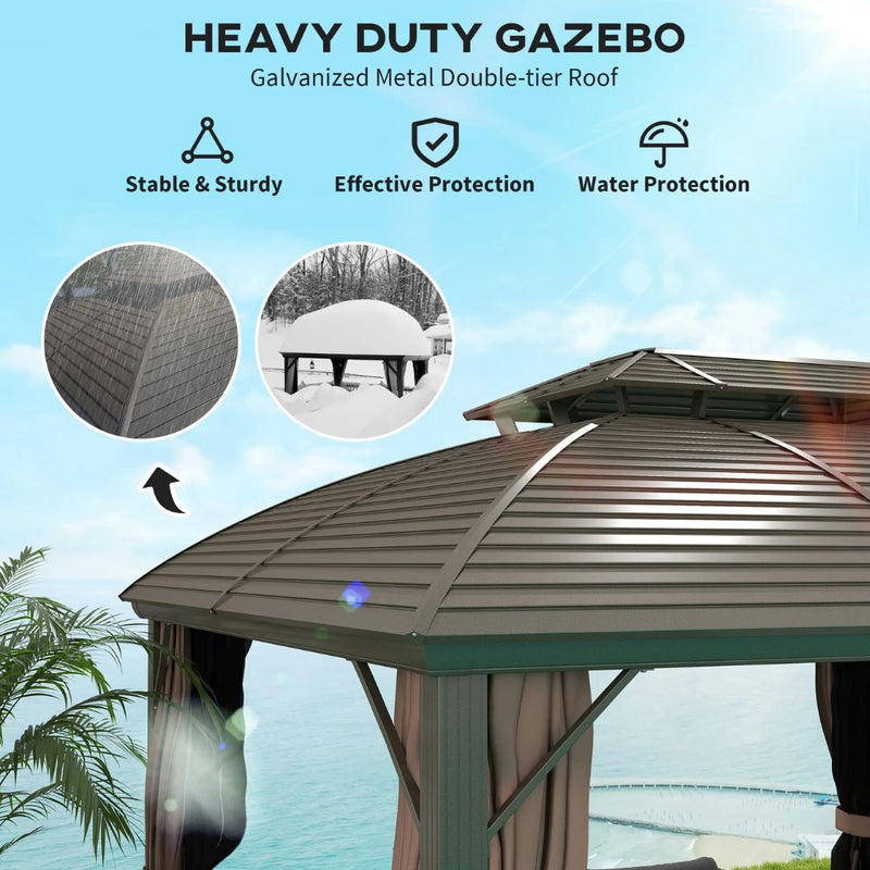 Gazebos, Umbra Valley 10' x 12' Hard Top Gazebo with Vented Steel Roof, Curtains and Mesh Sidewalls - Seasonal Overstock