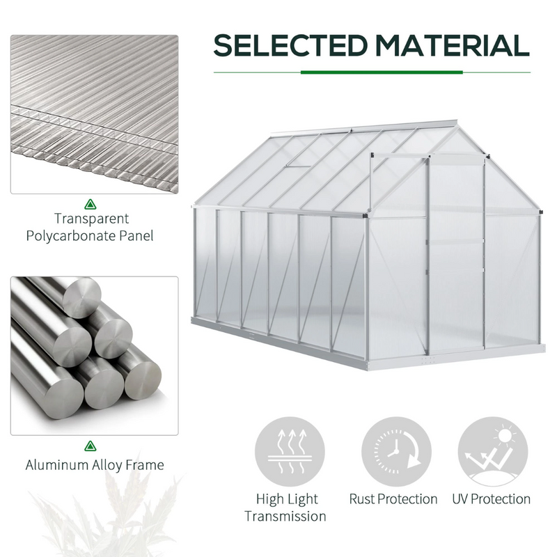 6' x 12' Large Walk-In Greenhouse with Aluminum Frame and Polycarbonate Panels, Sliding Door - Silver