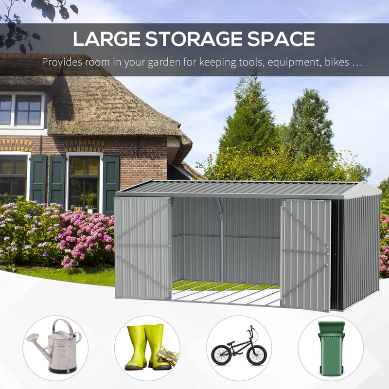 14' x 8' Outdoor Galvanized Steel Storage Shed with Double Swing Door and Lock - Grey