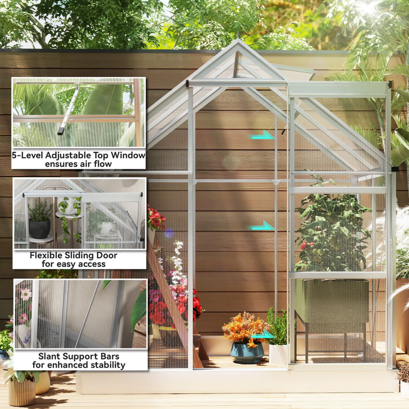 6' x 4' Walk-In Aluminum Frame Greenhouse, Polycarbonate Panels, Sliding Door - Silver