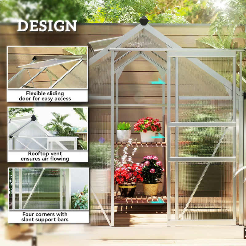 6.2' x 6.3' Walk-In Greenhouse with Aluminum Frame, Polycarbonate Panels, Sliding Door - Silver