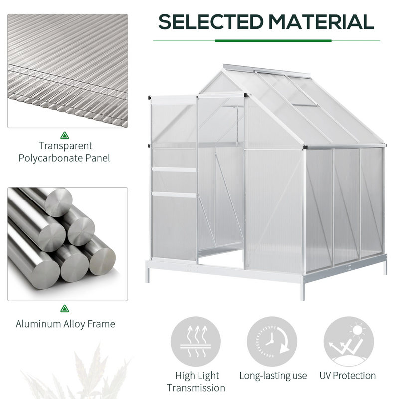 6' x 6' Walk-In Greenhouse with Aluminum Frame and Polycarbonate Panels, Sliding Door - Silver