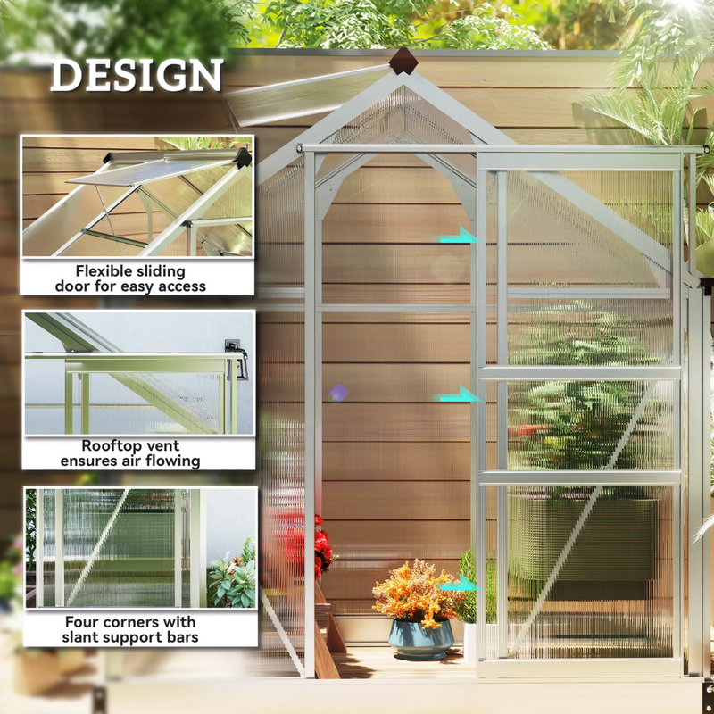 6.2' x 4.3' Walk-In Greenhouse with Aluminum Frame, Polycarbonate Panels and Sliding Door - Silver