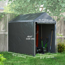 Grey storage shed with dimensions labeled, filled with gardening tools, in a backyard setting.