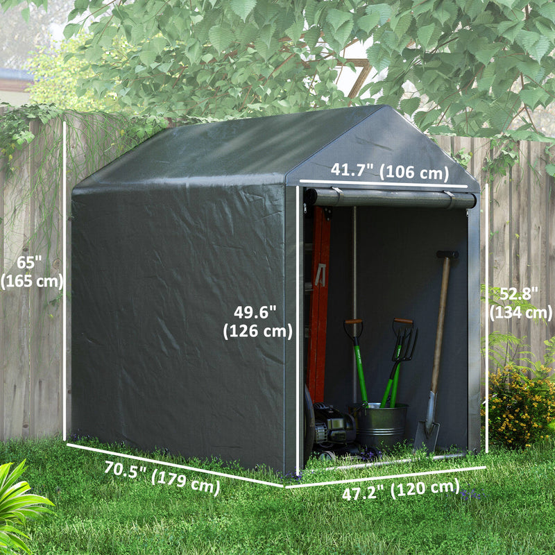 Grey storage shed with dimensions labeled, filled with gardening tools, in a backyard setting.
